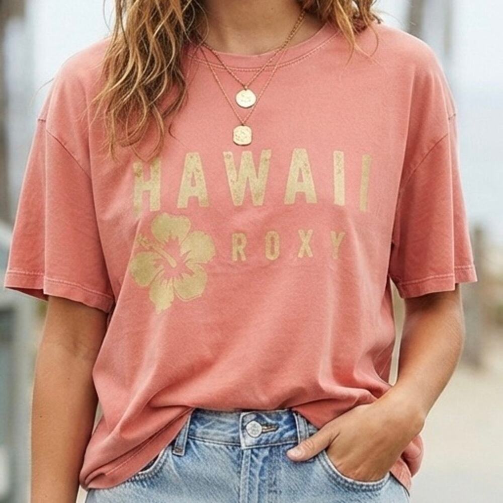 ROXY | Hawaii Hibiscus Graphic Tee Washed Coral Pink Vintage Look | Size Medium